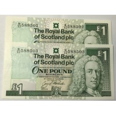 SCOTLAND 1993 . ONE 1 POUND BANKNOTES . CONSECUTIVE PAIR
